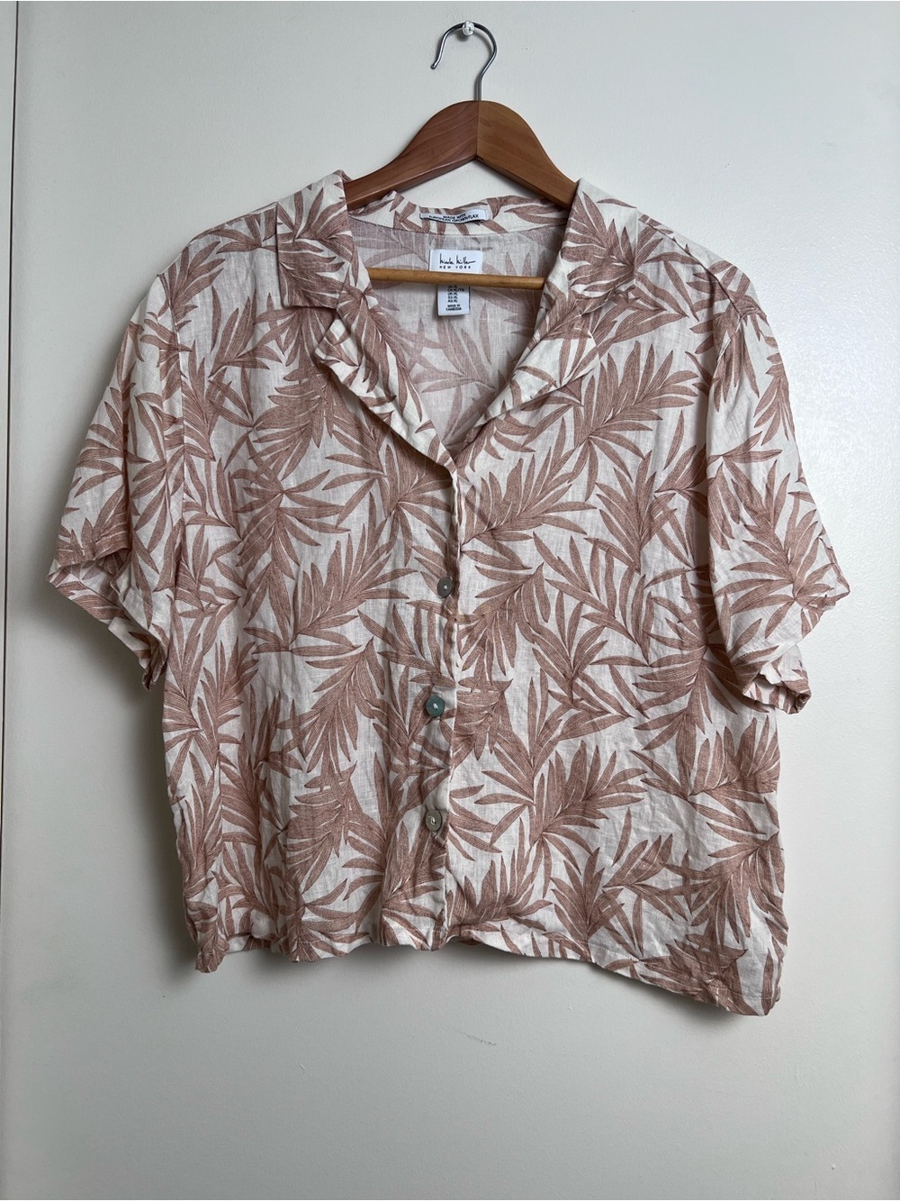 Nicole Miller New York 100% Linen Palm Print Camp Shirt XL Resort Coastal